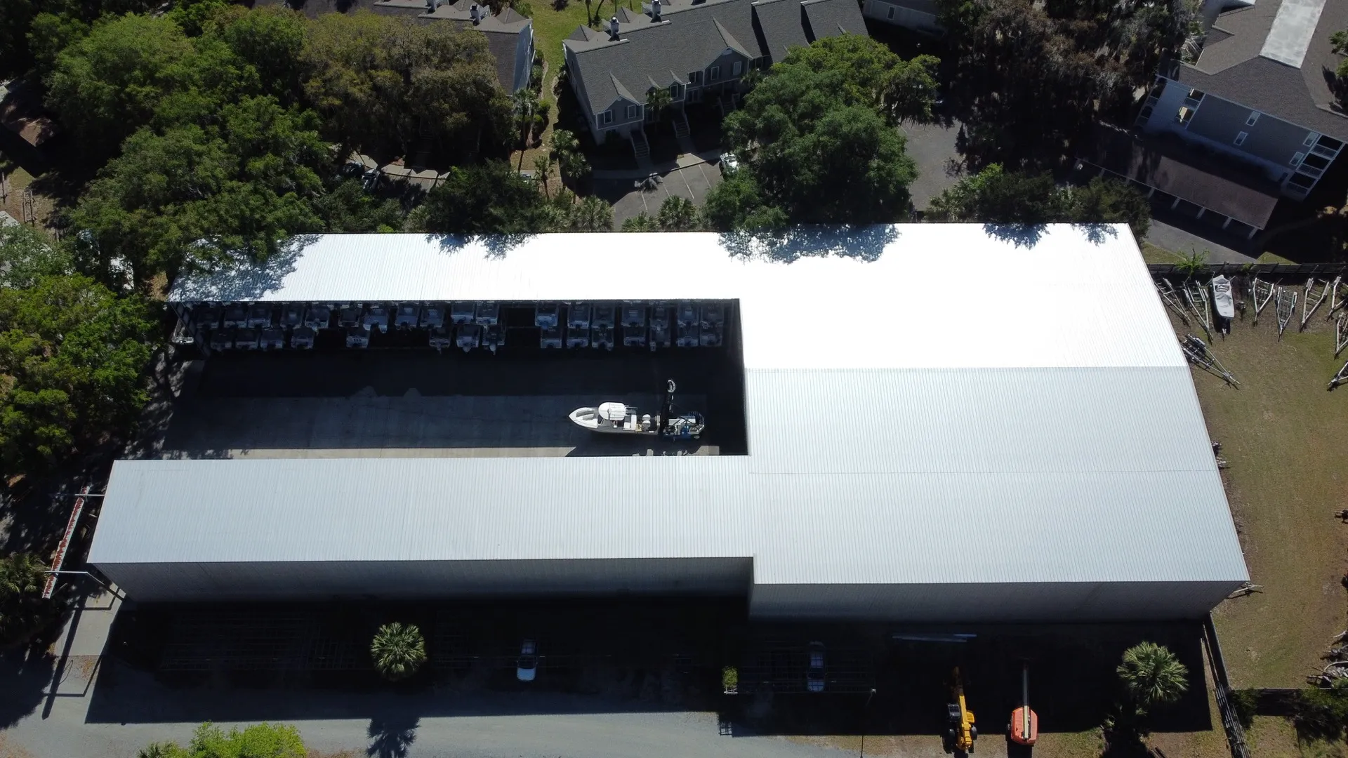 A finished metal roof on the St. Simons Island marina at the water's edge